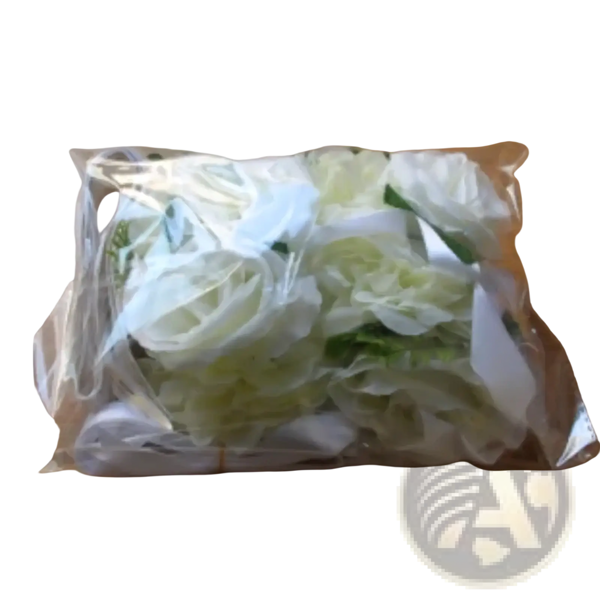 A package of artificial white and light green roses wrapped in clear plastic for wedding car decoration