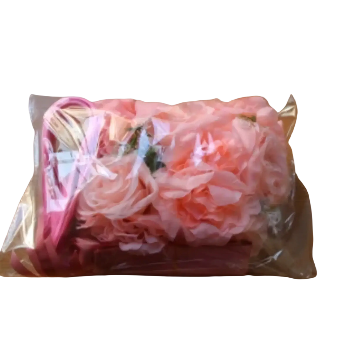 Pink floral clutch bag with sheer fabric petals and matching ribbon handle for wedding car artificial flower decoration set