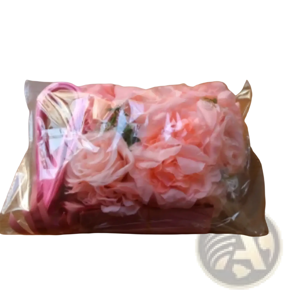 Pink floral clutch bag with sheer fabric petals and matching ribbon handle for wedding car artificial flower decoration set