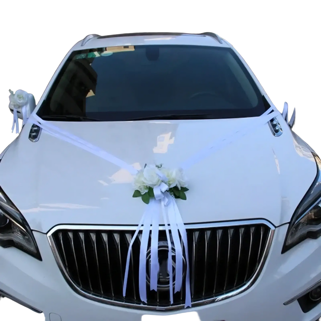 White wedding car decorated with artificial white floral arrangements and ribbons for wedding car decoration set