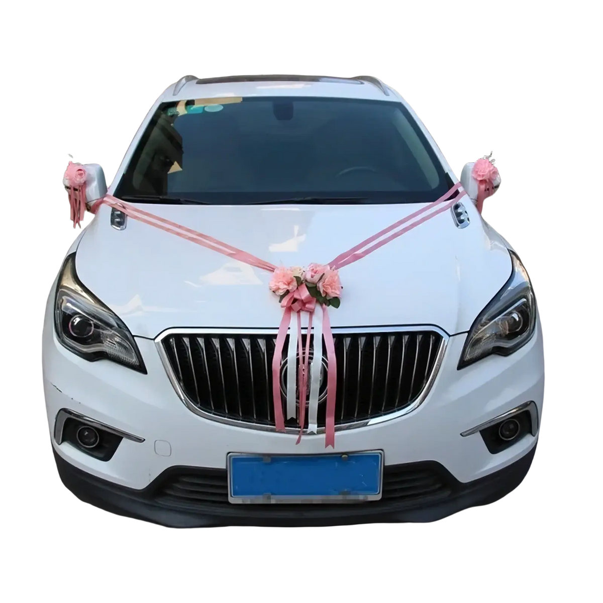 White buick suv decorated with pink floral ribbons and bows in a wedding car artificial flower decoration set