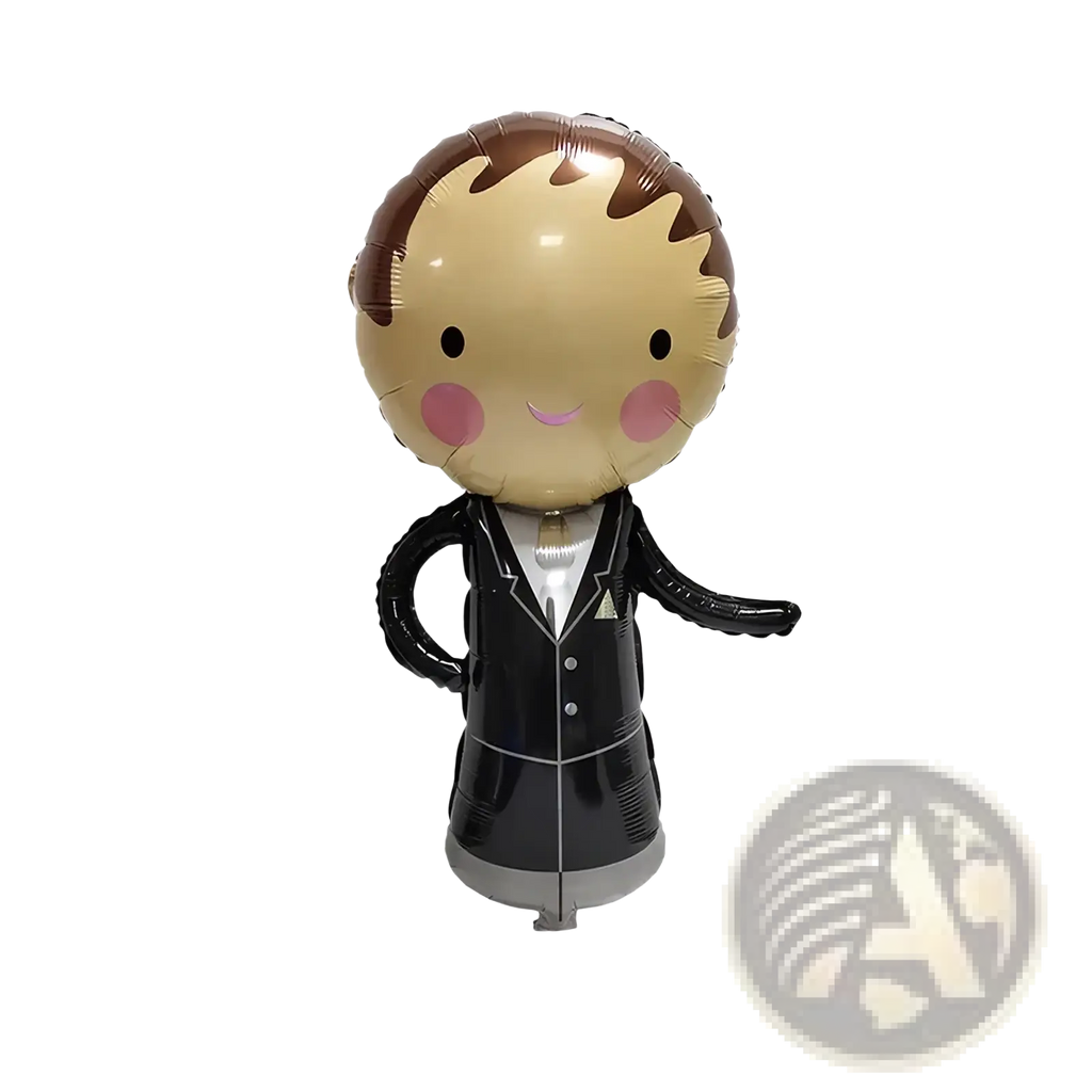 A shiny cartoon-style balloon figure in black suit with pink cheeks and brown hair for wedding car decor