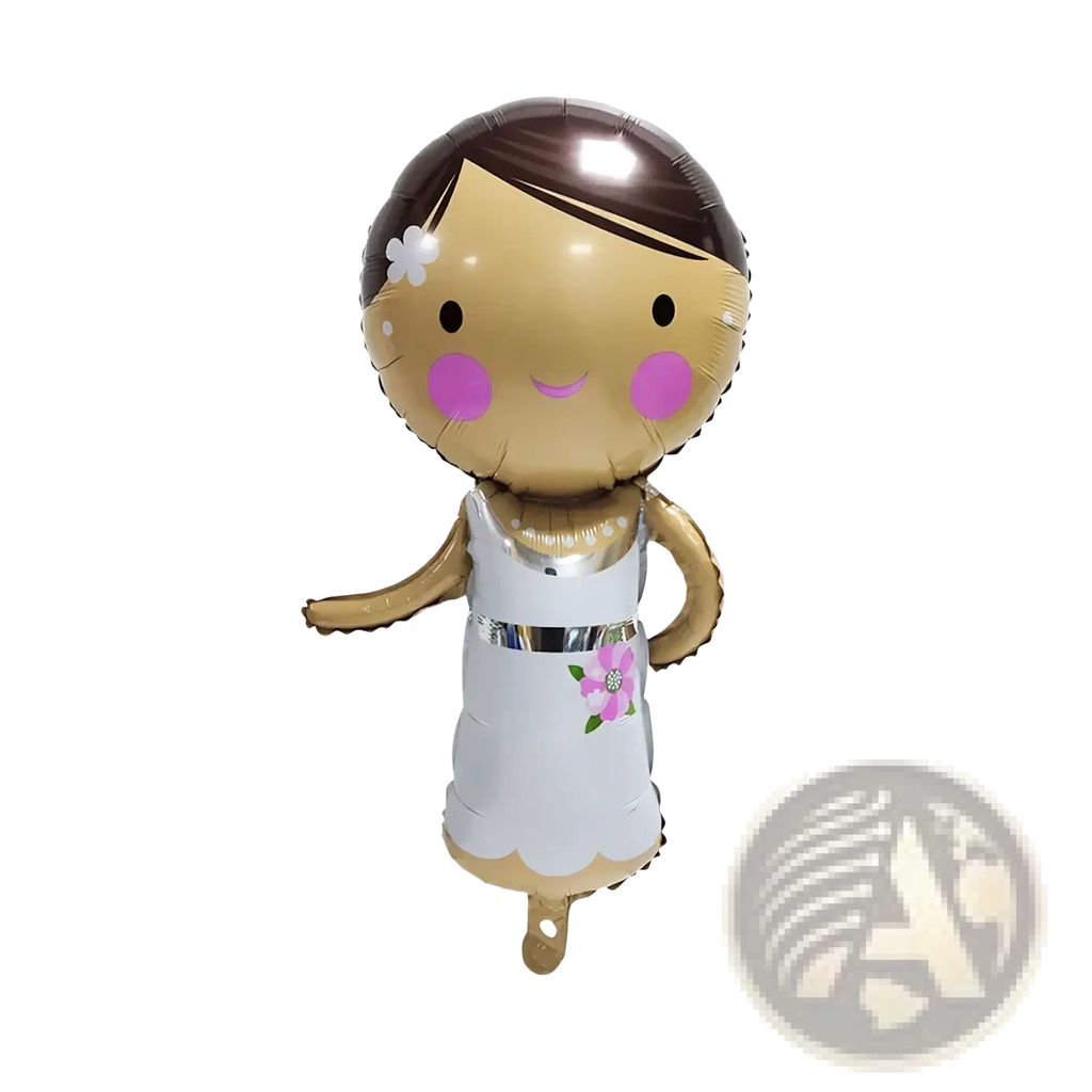 A shiny gold foil wedding car balloon shaped like a cartoon girl with brown hair and a white dress with pink flower