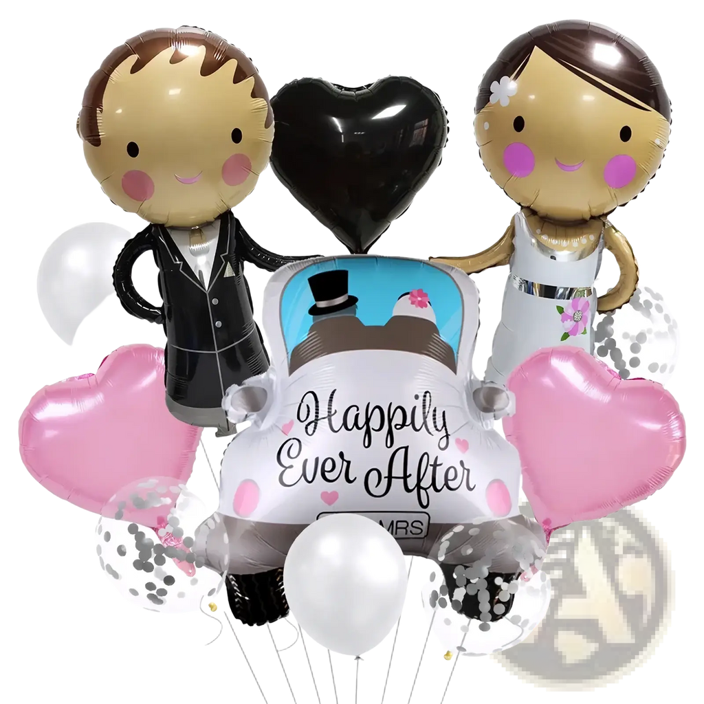 Wedding car balloon package couple decor featuring shiny metallic cartoon bride and groom balloons with pink heart accents