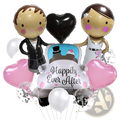 Wedding car balloon package couple decor featuring shiny metallic cartoon bride and groom balloons with pink heart accents