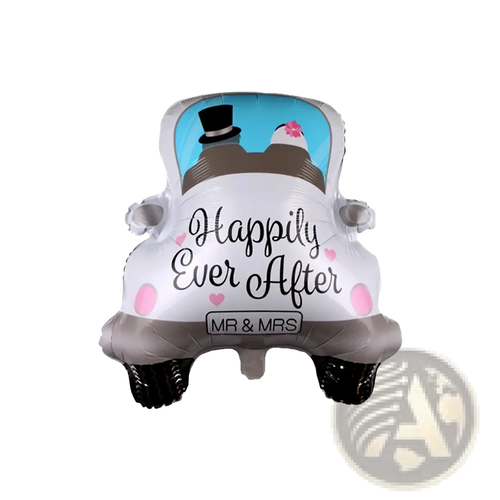 Wedding car balloon package couple decor featuring white and gray foil vintage car with happily ever after print and pink polka dots