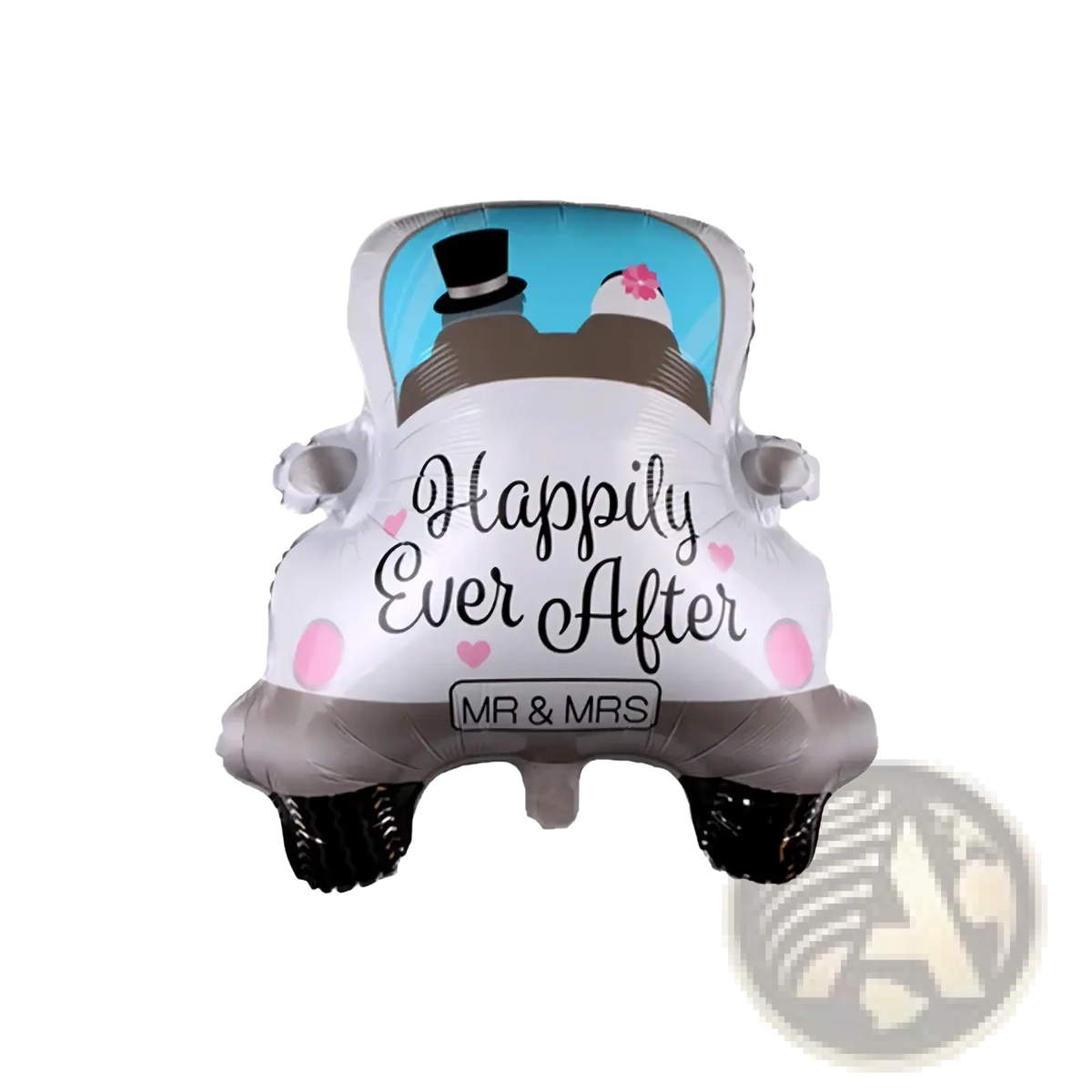 Wedding car balloon package couple decor featuring white and gray foil vintage car with happily ever after print and pink polka dots