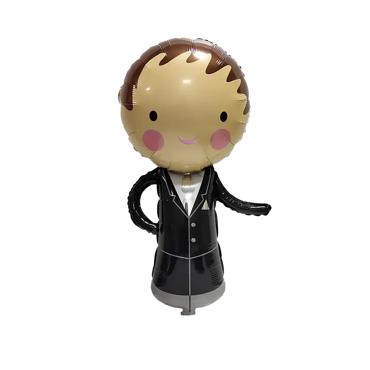 A shiny cartoon-style balloon figure in black suit with pink cheeks and brown hair for wedding car decor
