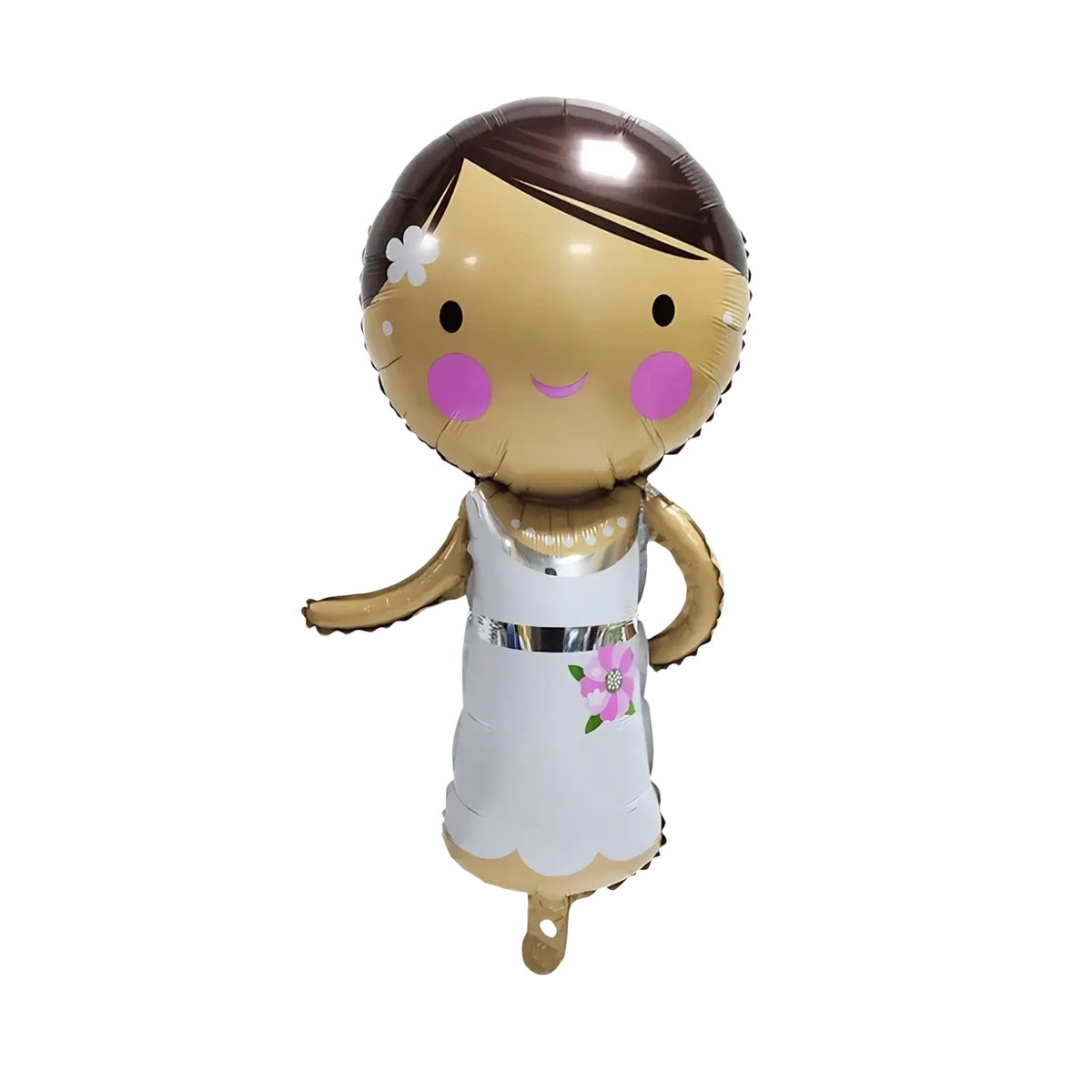 A shiny gold foil wedding car balloon shaped like a cartoon girl with brown hair and a white dress with pink flower