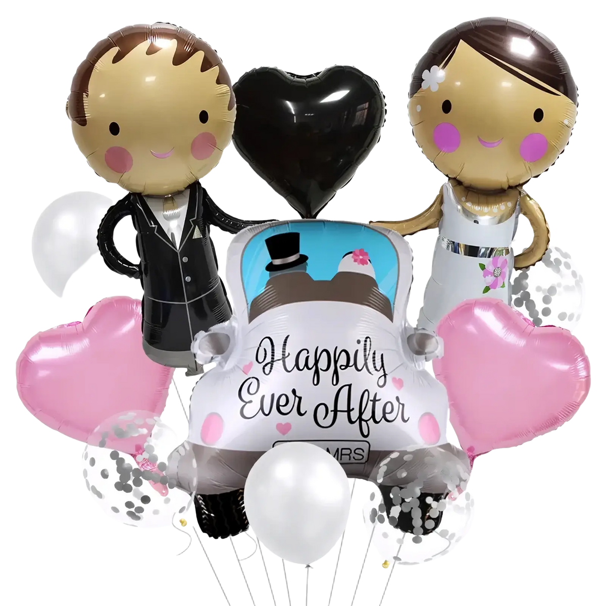 Wedding car balloon package couple decor featuring shiny metallic cartoon bride and groom balloons with pink heart accents