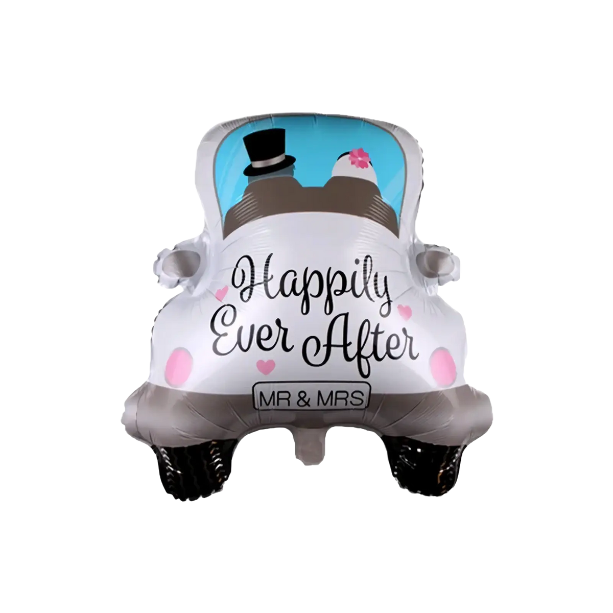 Wedding car balloon package couple decor featuring white and gray foil vintage car with happily ever after print and pink polka dots