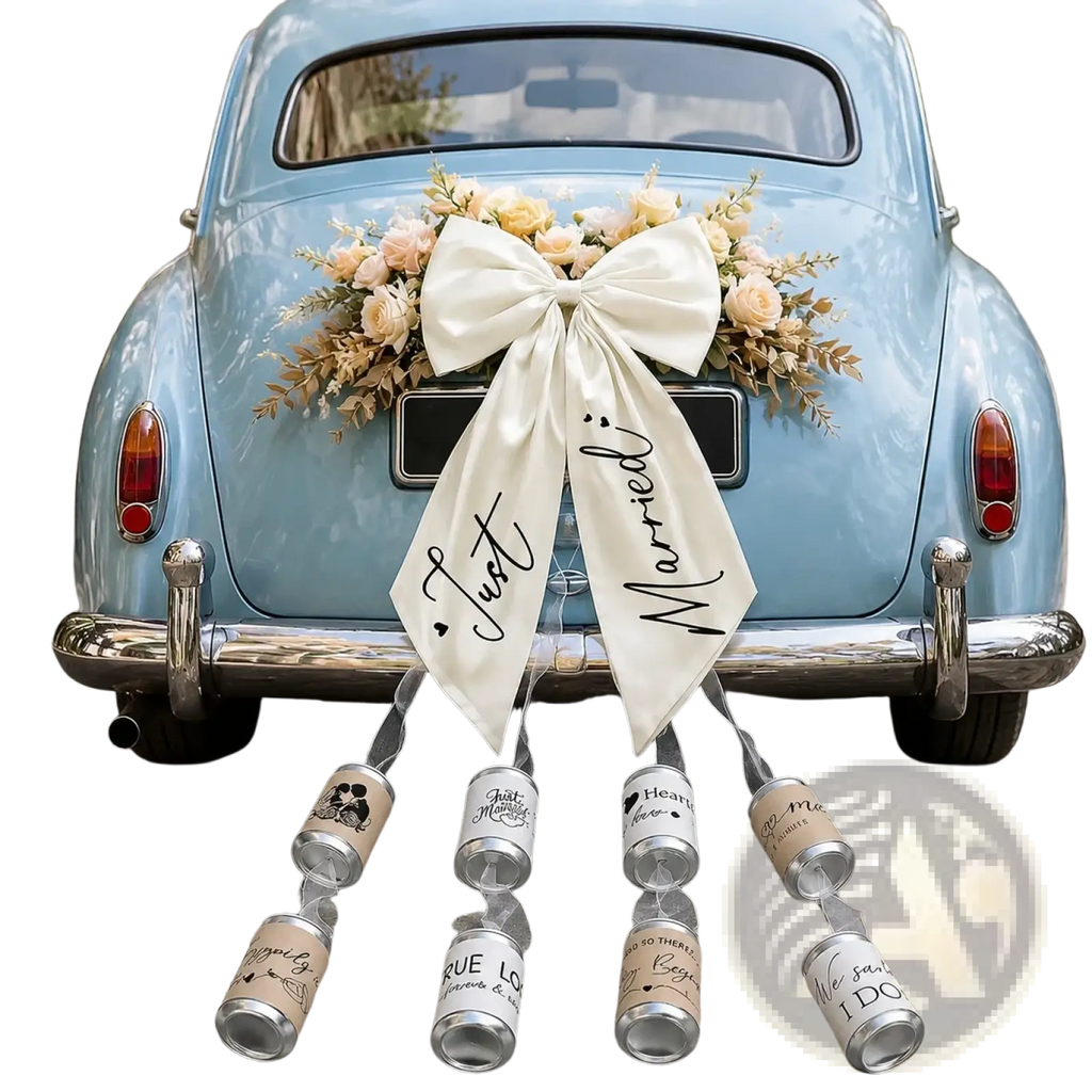 A cream satin wedding car bow with just married script in black and floral accents hanging on a light blue vintage car back
