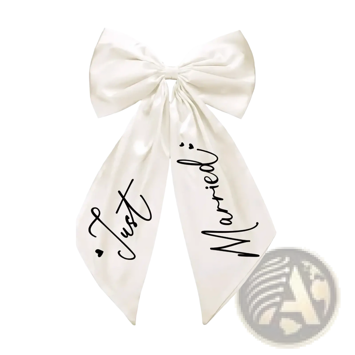 Ivory satin wedding car bow with elegant black cursive script reading just married on flowing tails