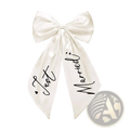 Wedding car bow just married satin ribbon in sleek ivory satin with elegant black cursive script on flowing tails