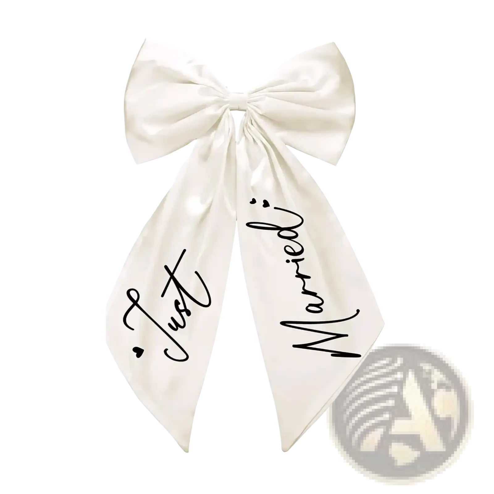 Wedding car bow just married satin ribbon in sleek ivory satin with elegant black cursive script on flowing tails