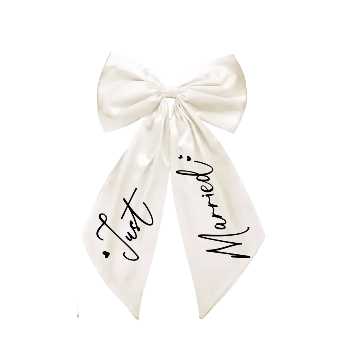 A cream satin wedding car bow with just married scripted in black cursive on its two tails