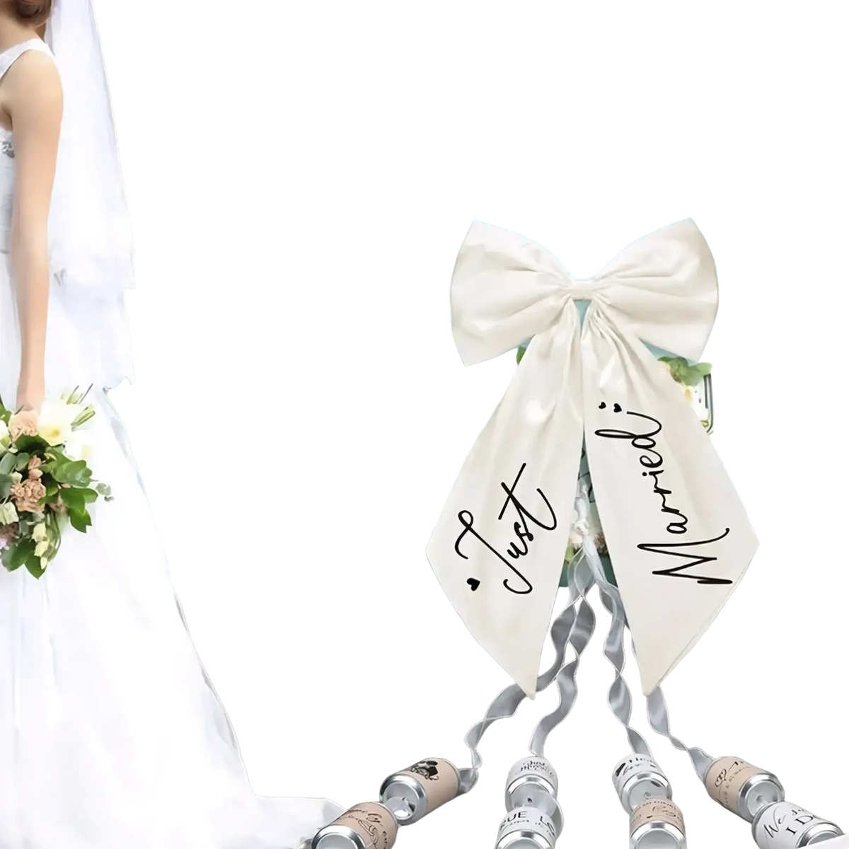 A cream-colored satin wedding car bow with just married black cursive script tied to the back of a vintage turquoise car