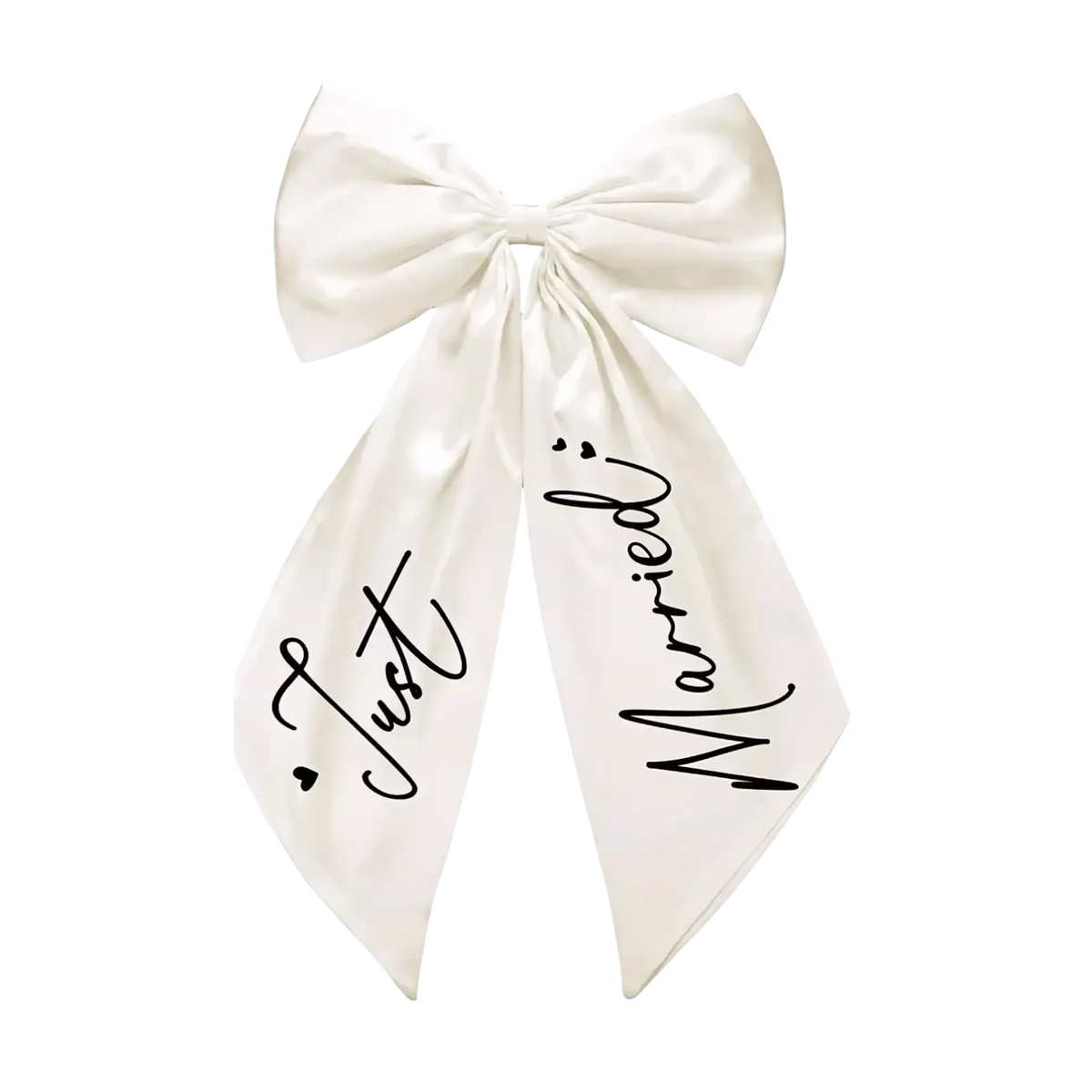 Wedding car bow just married satin ribbon in sleek ivory satin with elegant black cursive script on flowing tails