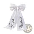 White satin wedding car bow with just married black cursive script on each tail for wedding decoration