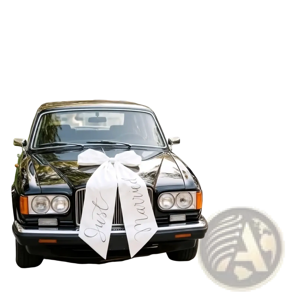 Black classic rolls royce with a large white satin wedding car bow satin bridal decoration ribbon on the front grille
