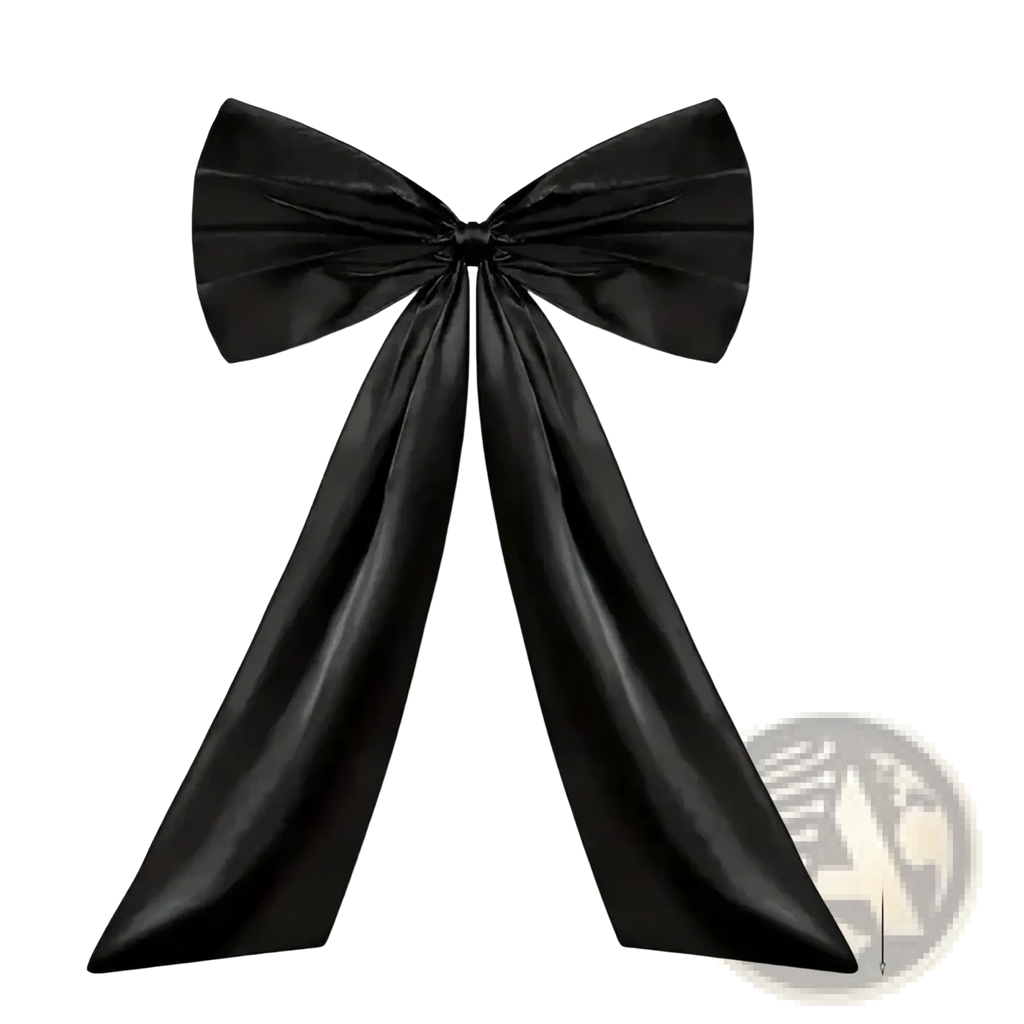 Black satin wedding car bow with glossy finish and precise symmetrical folds for bridal decoration ribbon