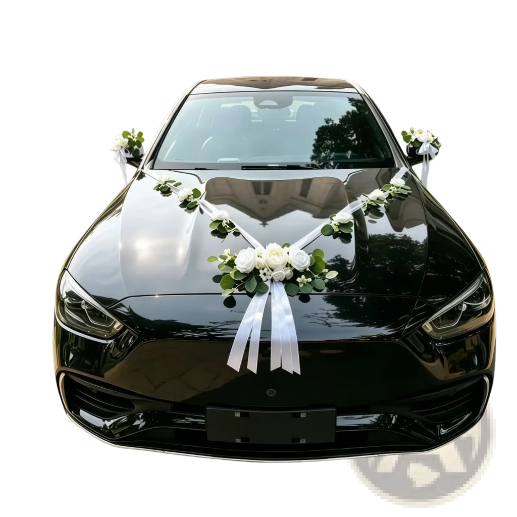 Black wedding car adorned with white artificial rose and eucalyptus floral arrangements and ribbons decor kit