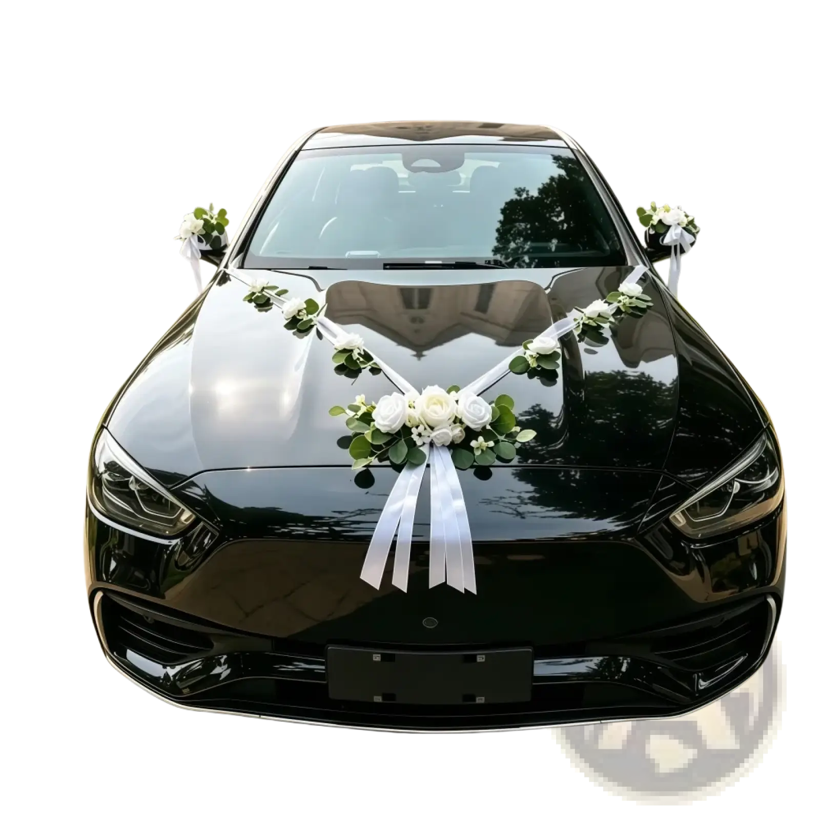 Black wedding car adorned with white artificial rose and eucalyptus floral arrangements and ribbons decor kit