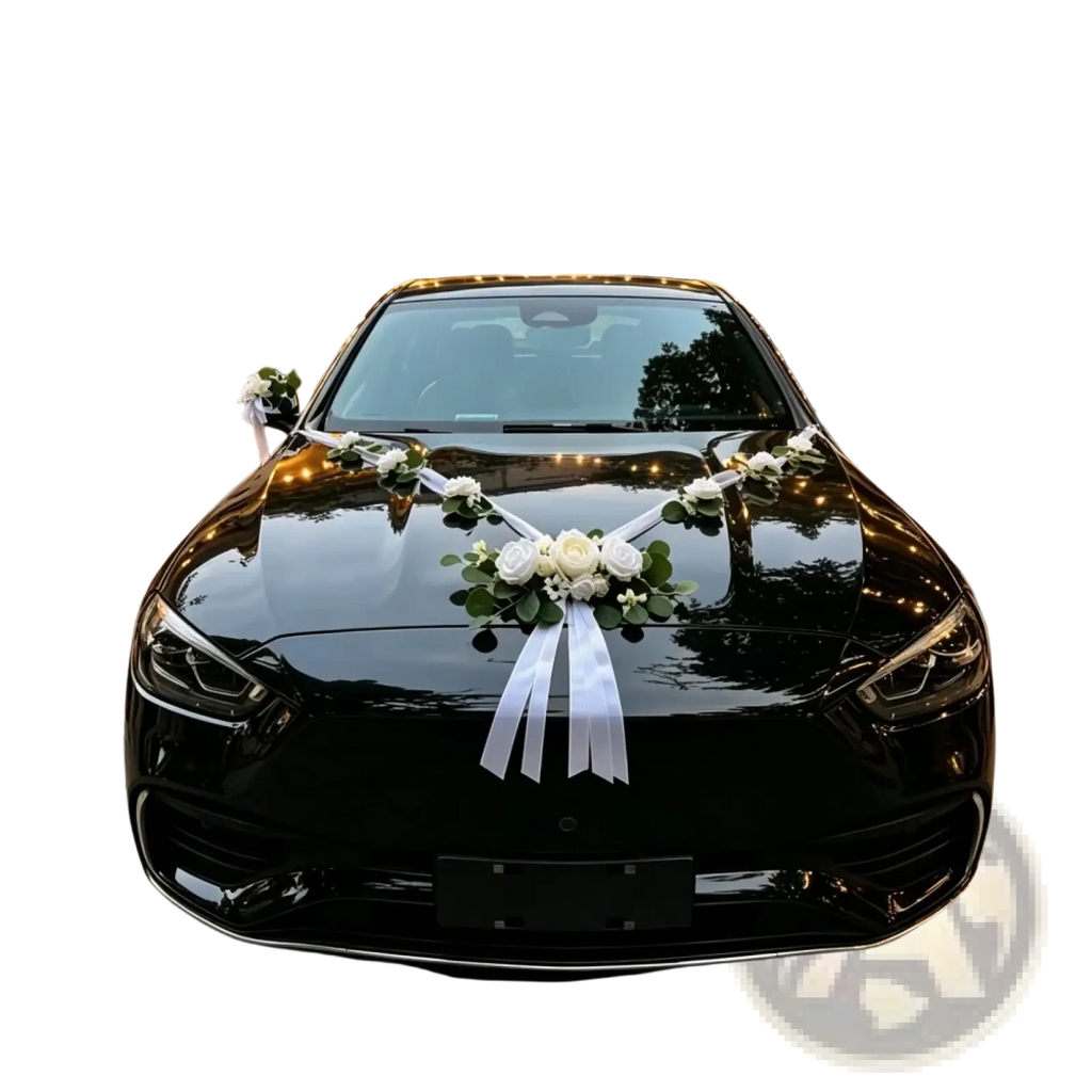 Black glossy sedan decorated with white artificial rose and eucalyptus floral arrangements for wedding use