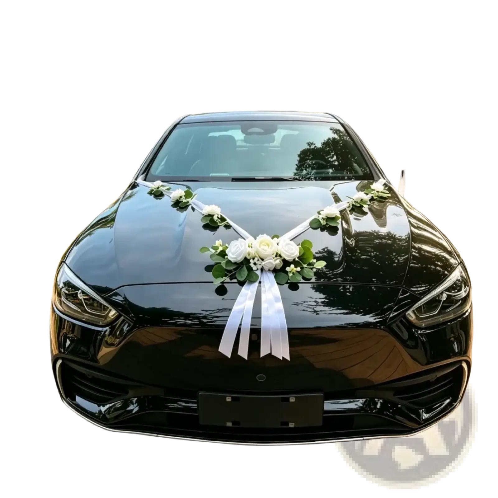 Black glossy sedan decorated with white artificial rose and eucalyptus floral arrangements and ribbons on its hood for wedding use