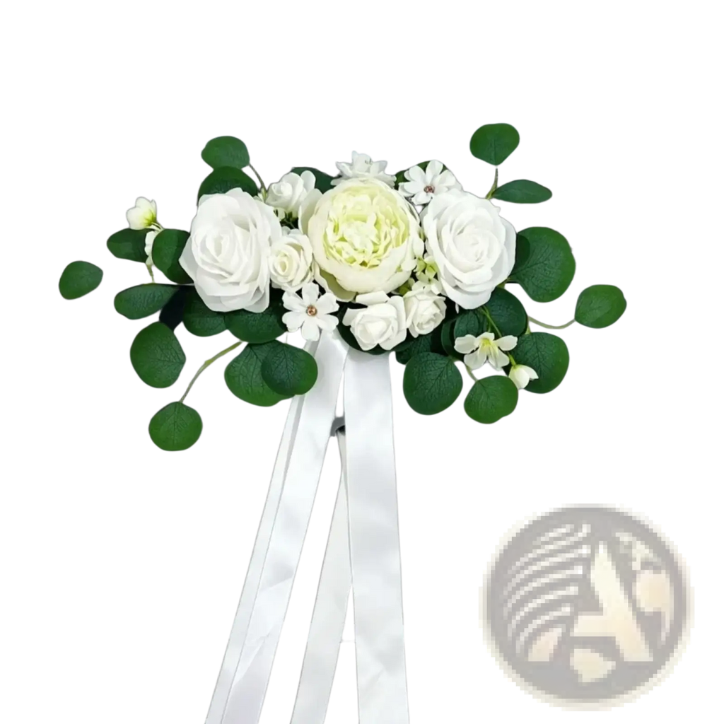 Elegant white wedding car flower kit with artificial roses eucalyptus leaves and flowing satin ribbons decor