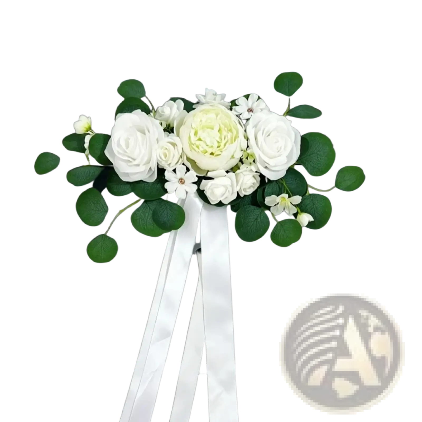 Elegant white wedding car flower kit with artificial roses eucalyptus leaves and flowing satin ribbons decor