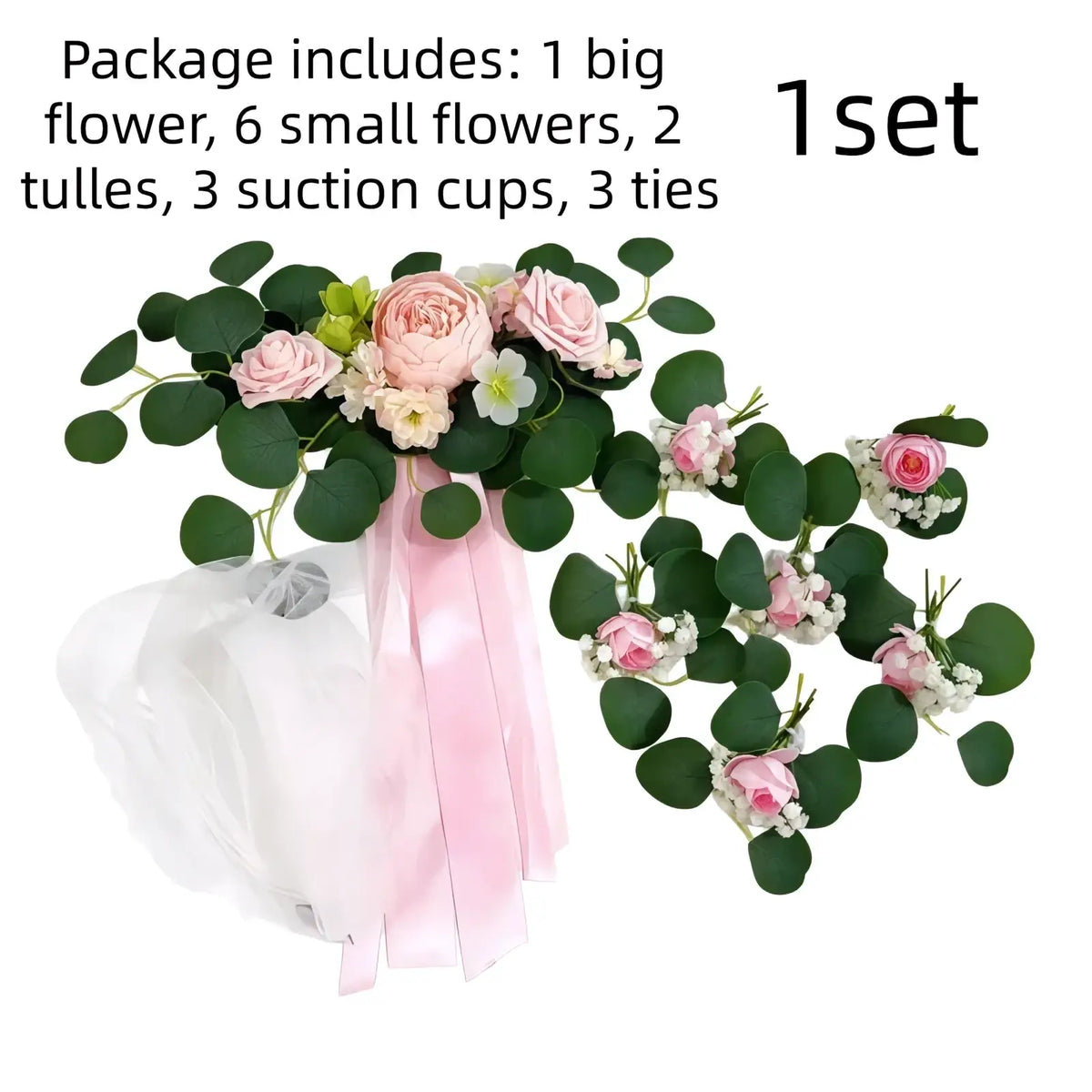 A wedding car flower kit featuring a delicate artificial bouquet of pink roses white blossoms and green eucalyptus leaves