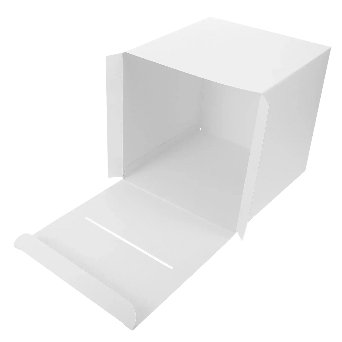 White cardboard wedding card box with hinged lid and interior compartment for party reception keepsake storage