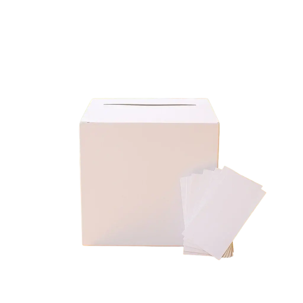 White cardboard wedding card box with rectangular slot and matching white tissues for party reception keepsake holder