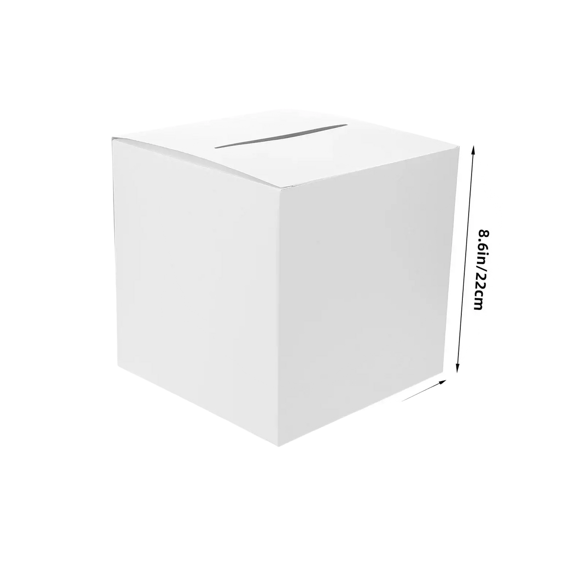 White cardboard wedding card box with slot on top measuring 8.6 inches per side for party reception keepsake holding