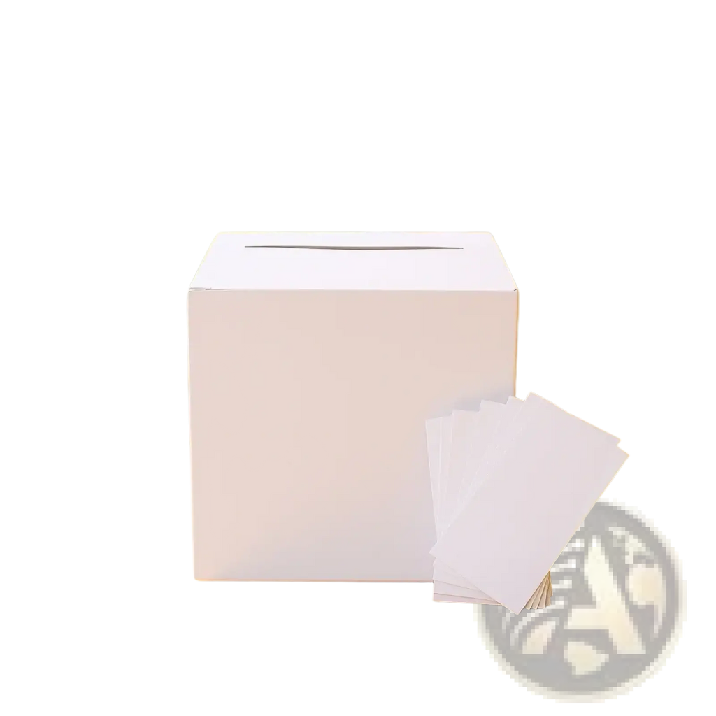 White cardboard wedding card box with rectangular slot and matching white tissues for party reception keepsake holder
