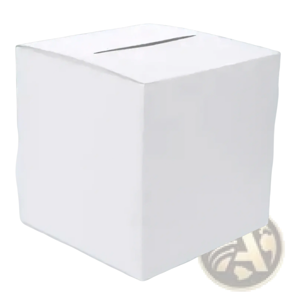 White cardboard wedding card box with rectangular slot on top for party reception keepsake holding