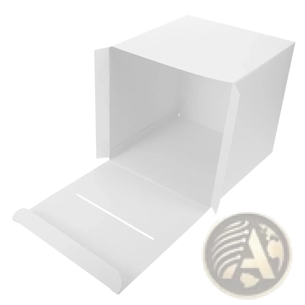 White cardboard wedding card box with hinged lid and interior compartment for party reception keepsake storage
