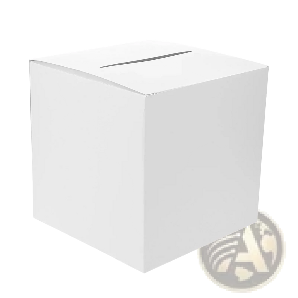 White cardboard wedding card box with sleek rectangular design and narrow top slot for party reception keepsake holder