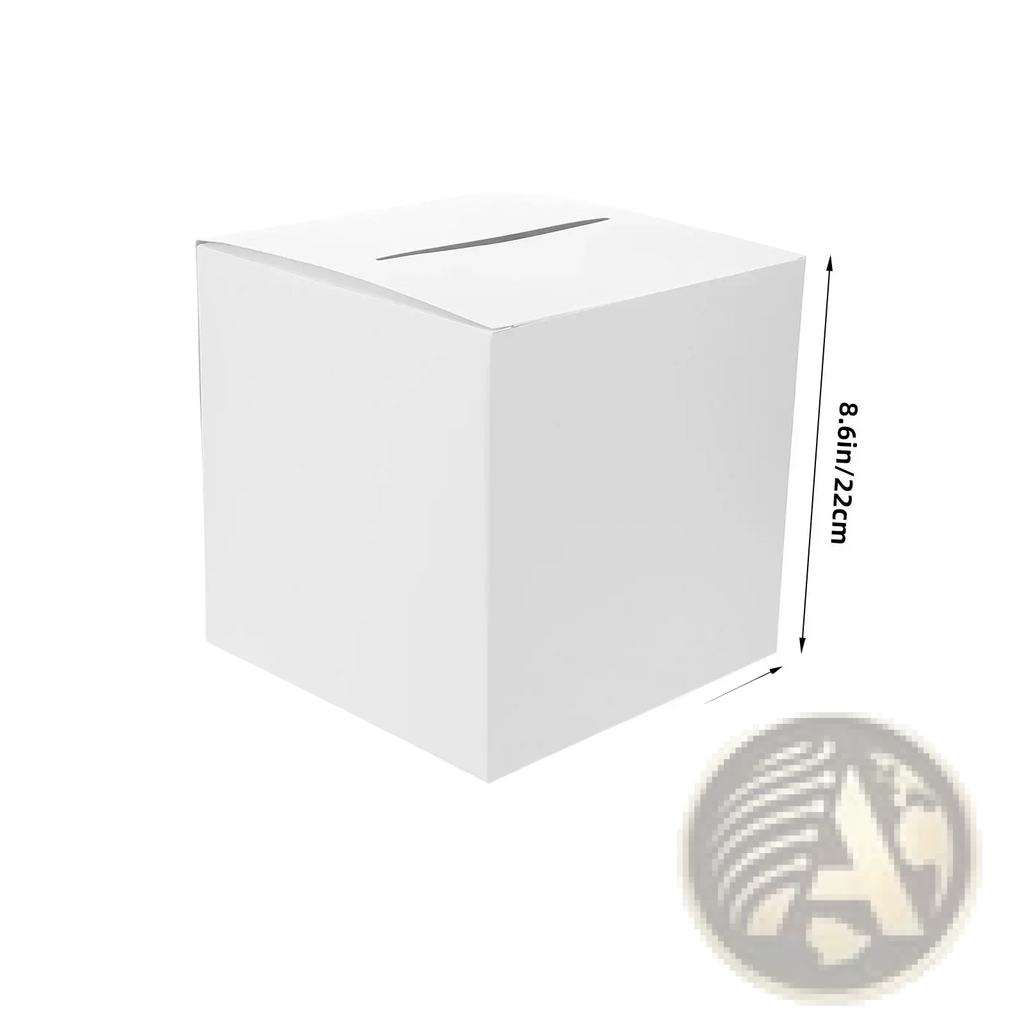 White cardboard wedding card box with slot on top measuring 8.6 inches per side for party reception keepsake holding