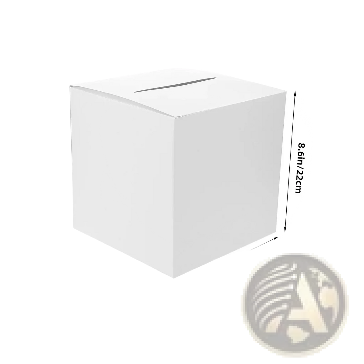 White cardboard wedding card box with slot on top measuring 8.6 inches per side for party reception keepsake holding
