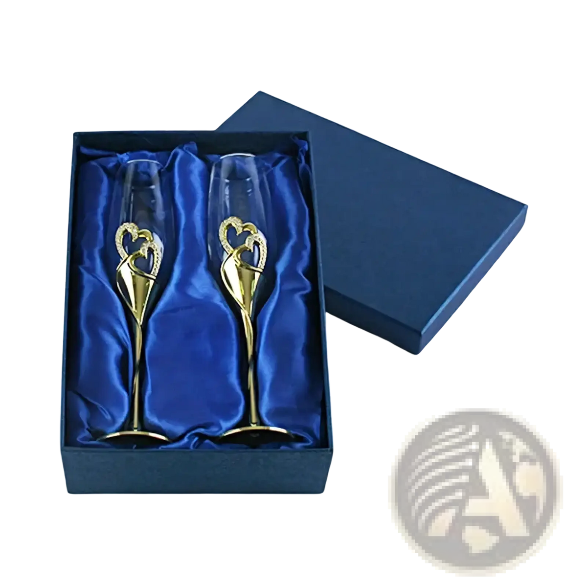 A pair of gold-finished wedding champagne flutes with intertwined heart designs in a blue satin gift box