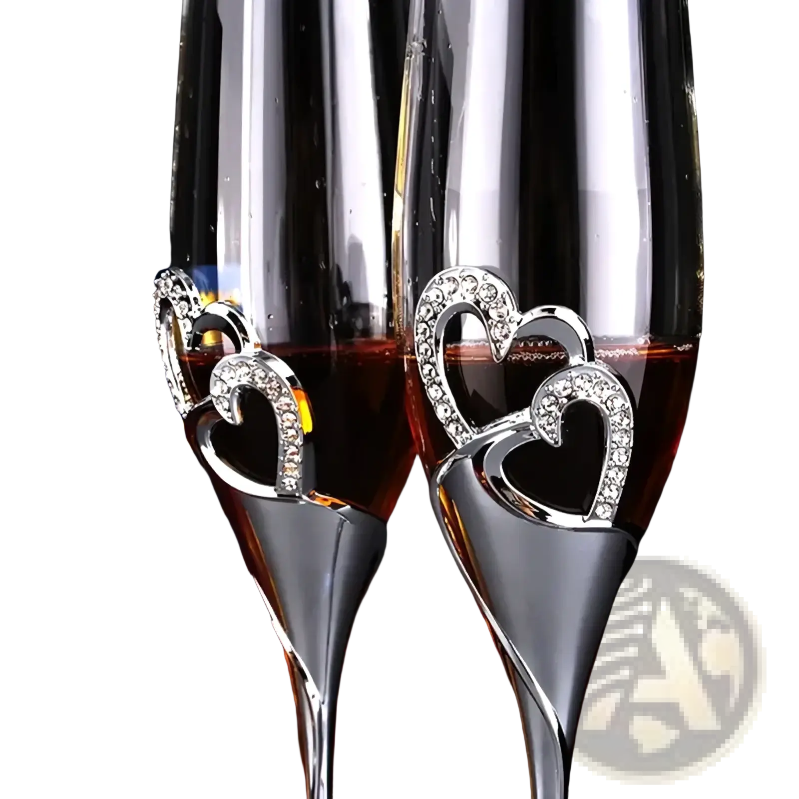 Elegant silver champagne flutes with sparkling heart-shaped embellishments for wedding toasts in a gold heart set