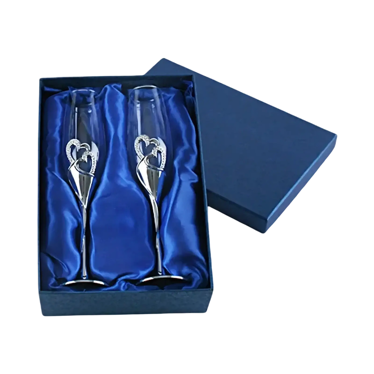 A pair of elegant silver wedding champagne flutes with gold heart designs in a blue satin-lined gift box