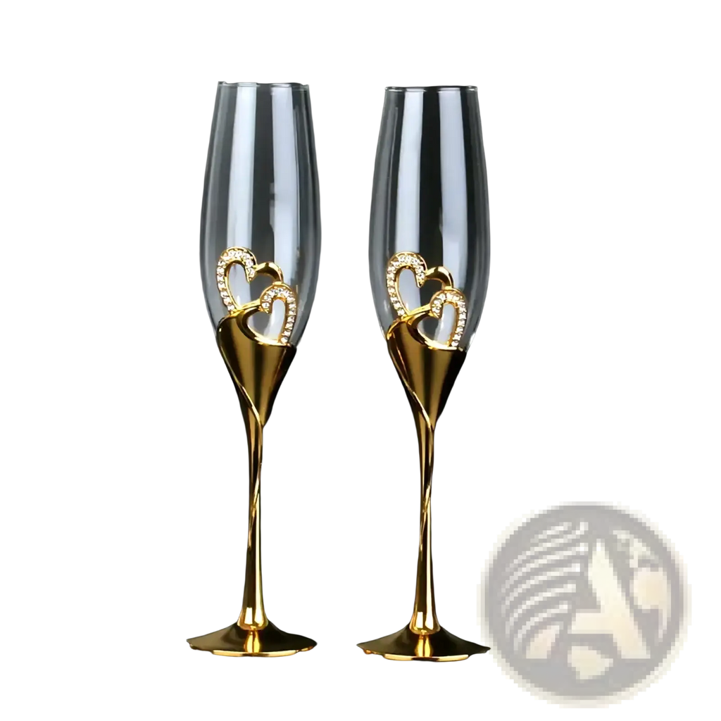 A pair of elegant gold champagne flutes with intertwined heart-shaped rhinestone embellishments for weddings