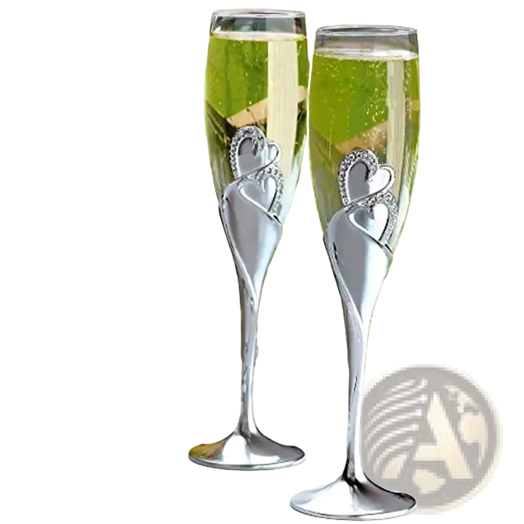 A pair of elegant silver champagne flutes with sparkling heart-shaped embellishments for wedding toasts