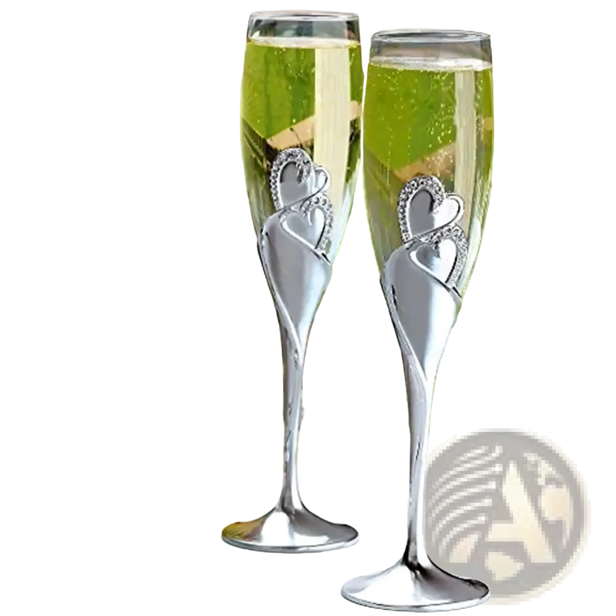 A pair of elegant silver champagne flutes with sparkling heart-shaped embellishments for wedding toasts
