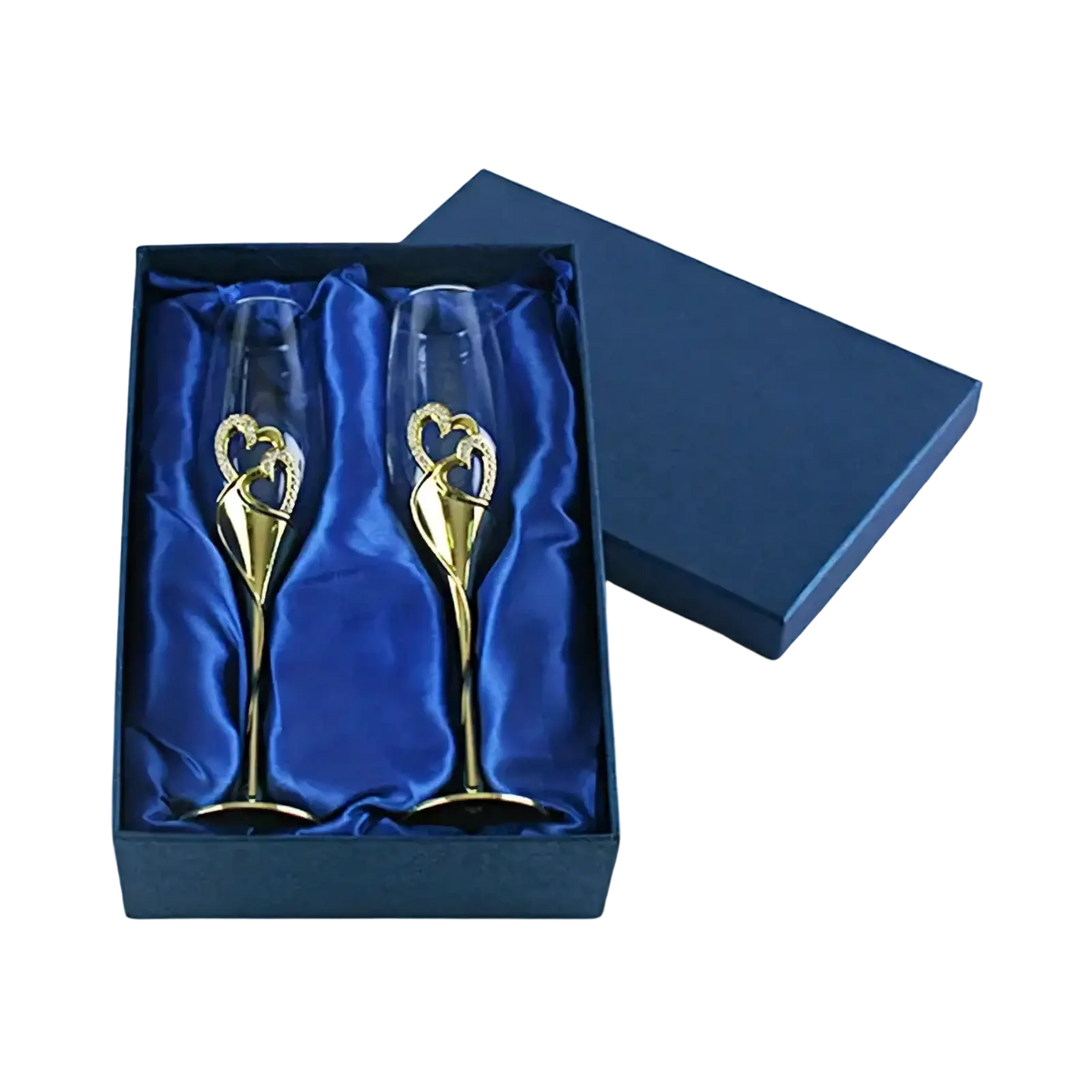 A pair of gold-finished wedding champagne flutes with intertwined heart designs in a blue satin gift box