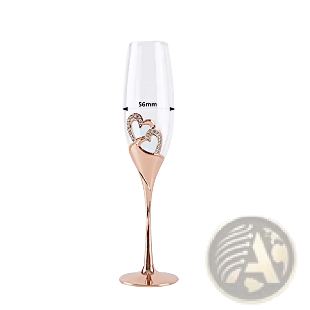 Wedding champagne flute in rose gold with twisted stem and clear rhinestone heart charms for toasting glasses set