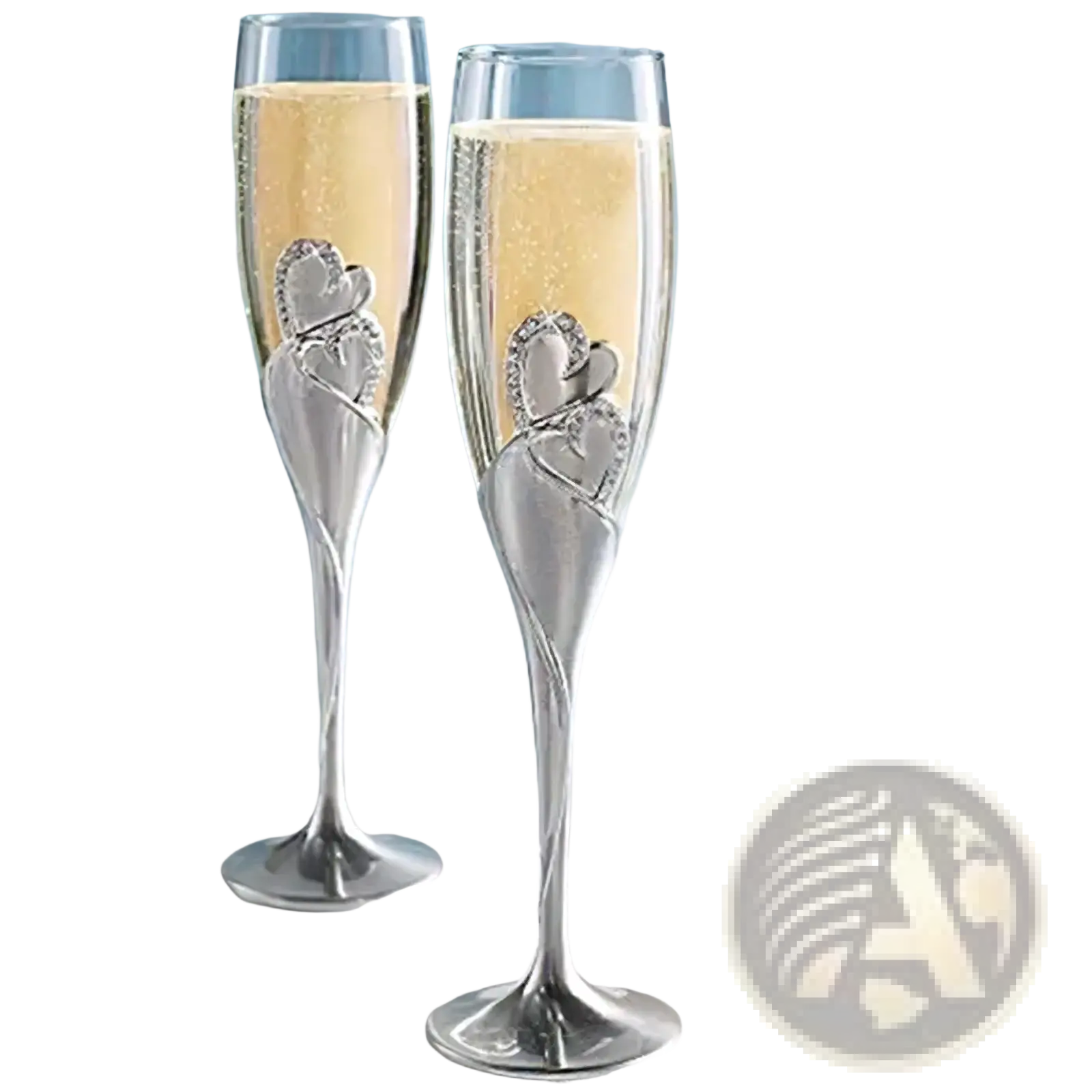 Silver champagne flutes with gold heart toasting glasses set featuring intertwined heart designs and sparkling embellishments